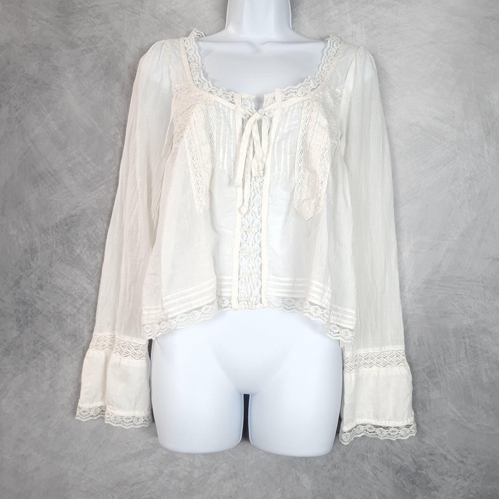 Free People Blouse Womens Small White Lace Bell Sleeve Coquette Sheer Milk Maid
